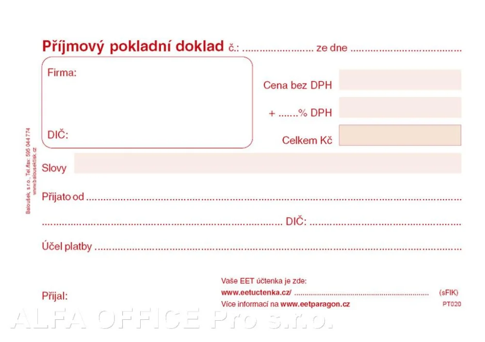 Příjmový pokladní doklad Baloušek A6 / nečíslovaný / 50 listů / NCR / PT020 Nakupujte Hned